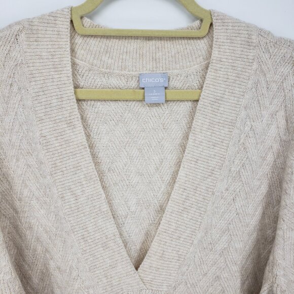 Chico's Herringbone V Neck Tunic Sweater XL Relaxed Fit Textured Beige Tan - Picture 7 of 8